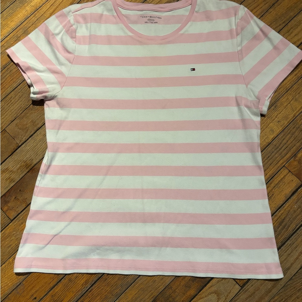 Tommy Hilfiger Pink and White Striped T-Shirt